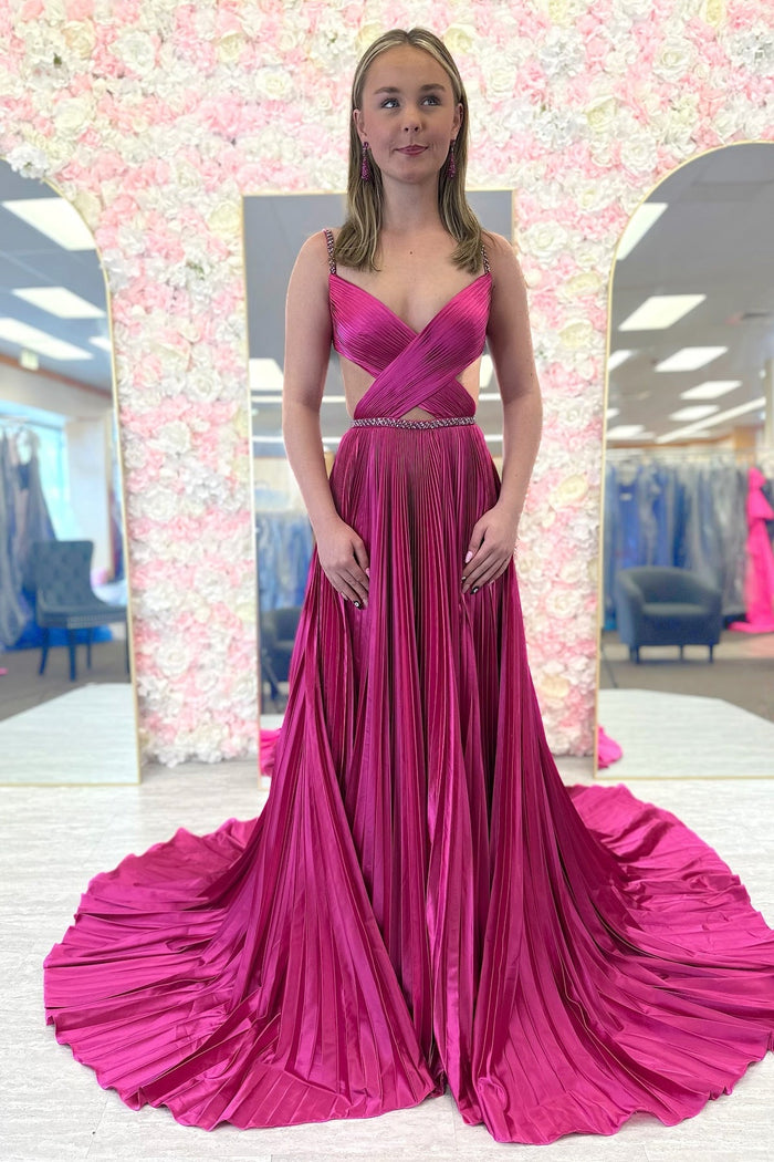 Purple Sequin Strap Pleated Prom Dress with Keyhole