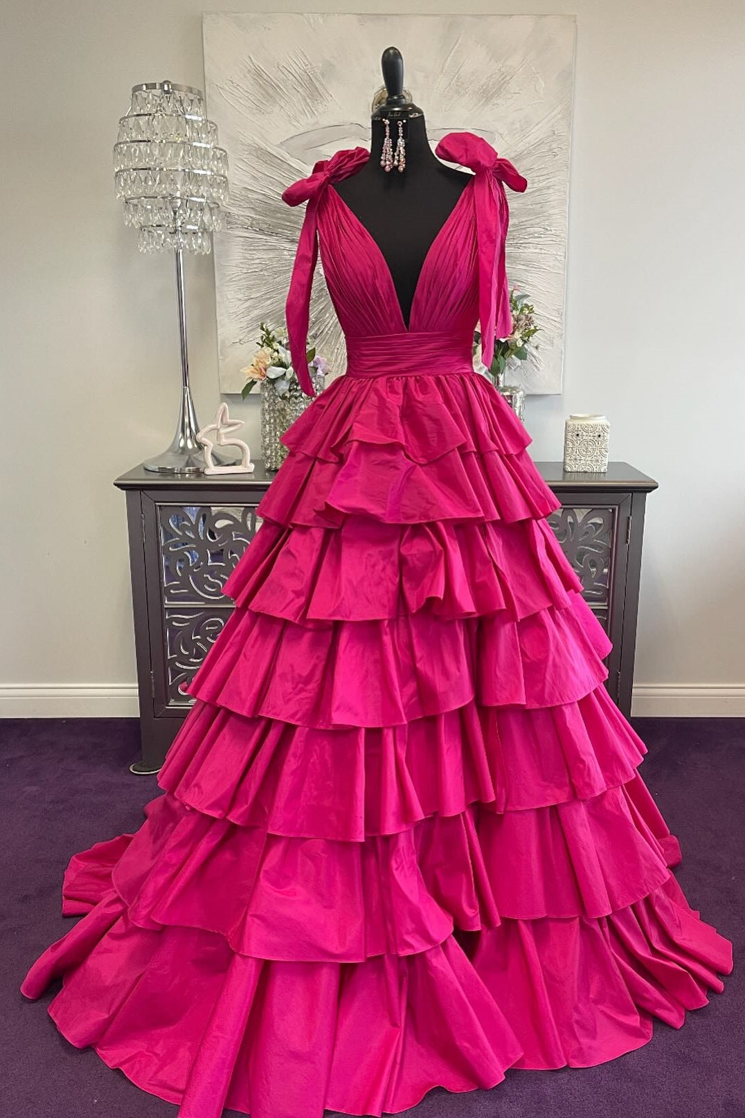 Fuchsia Bow Tie Straps Layers Plunging V Long Prom Dress – Dreamdressy