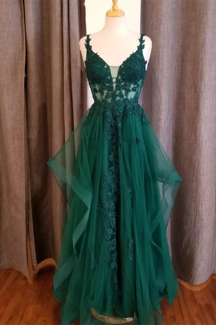 Hunter Green Flower Straps Deep V Neck Appliques Ruffles Long Prom Dre   Dreamdressy
