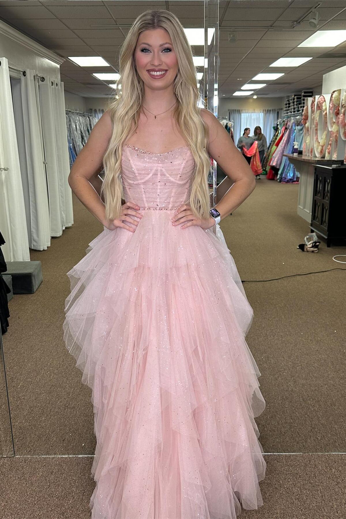 Sparkly Navy Blue Strapless Ruffle Layers Tulle Long Prom Dress