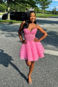 open lace back dress Cute Tie Straps Hot Pink Ruffle Short Homecoming Dress – FancyVestido main image 1