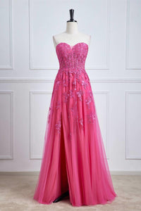 Blue Lace Appliques Tulle A-line Long Formal Dress