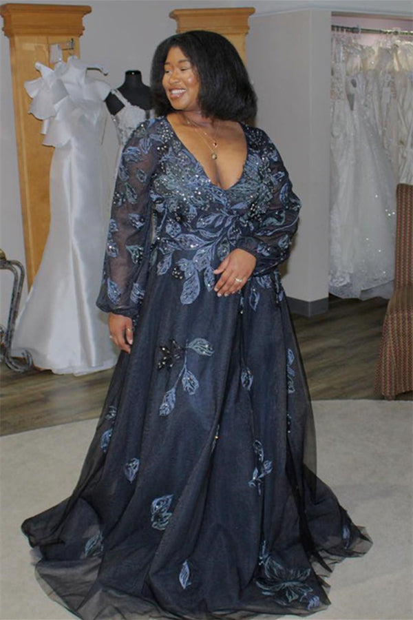 blue mother of the bride dress with sleeves Dark Plunging V Neck Appliques Long Long – Dreamdressy Dark blue tulle sequin 20260609_25% Chiffon A Size:17½   36/37