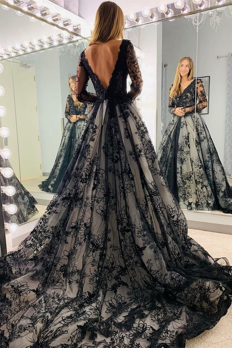 black long sleeve deep v dress Appliques Illusion Sleeves Neck Long Wedding – Dreamdressy Size:3XL/ US 16 Seamless Long Sleeve Cutout Padded shoulders NEW-APR23