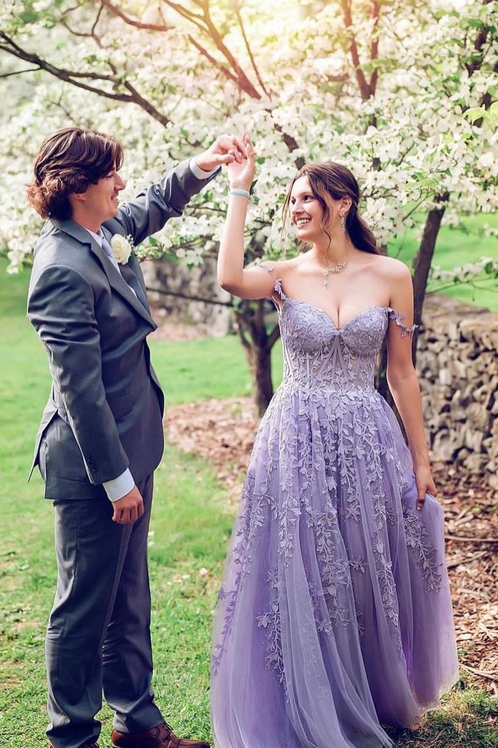 Aqua Tulle Floral Lace Off-the-Shoulder A-Line Prom Dress Aqua Tulle Floral Lace Off-the-Shoulder A-Line Prom Dress