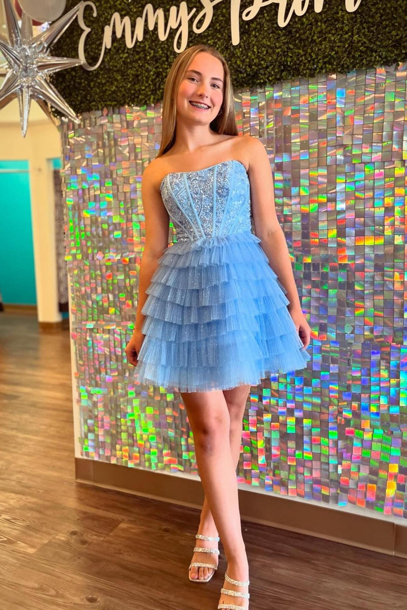 Sweetheart Light Blue A-line Tiered Ruffle Short Dress – Dreamdressy