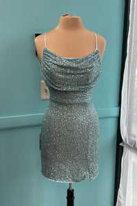 Hot Pink Straps Cowl Neck Sequins Homecoming Dress with Slit