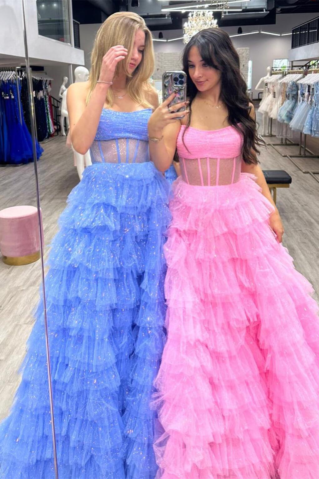 Gold Strapless Sequined A-line Multi-Layers Long Prom Dress