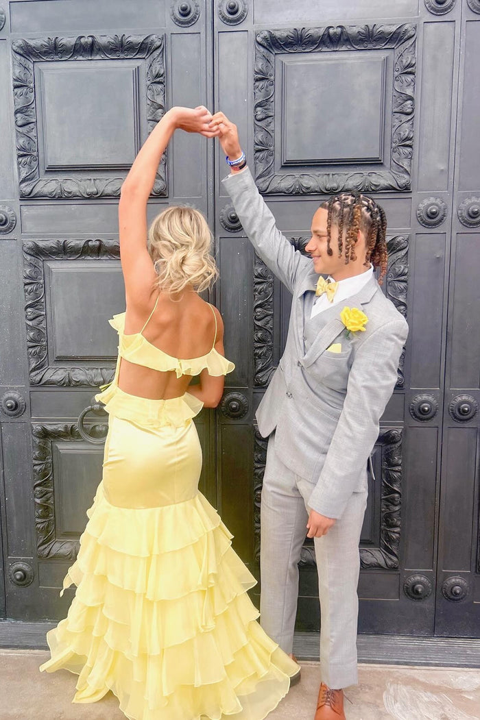 Straps Yellow Ruffled Long Dress with Rosette