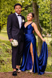 Purple Mermaid Satin V Neck Long Prom Dress with Slit
