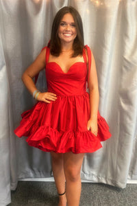 Pink Satin A-line Ruffle Bow Tie Homecoming Dresss