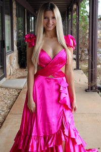 Red Ruffled Crossed Top Hi-Low Layers Long Prom Dress