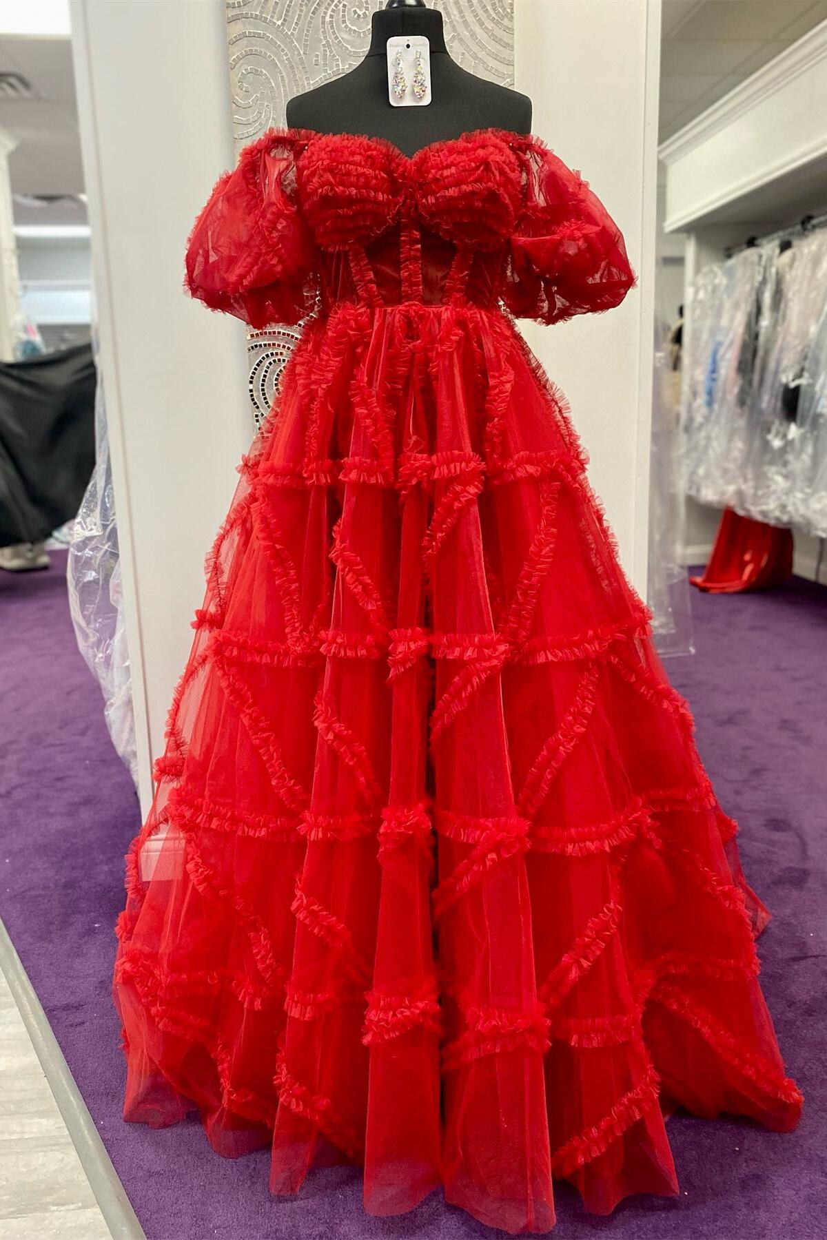 Princess Pink Off-the-Shoulder A-Line Prom Dress with Ruffles