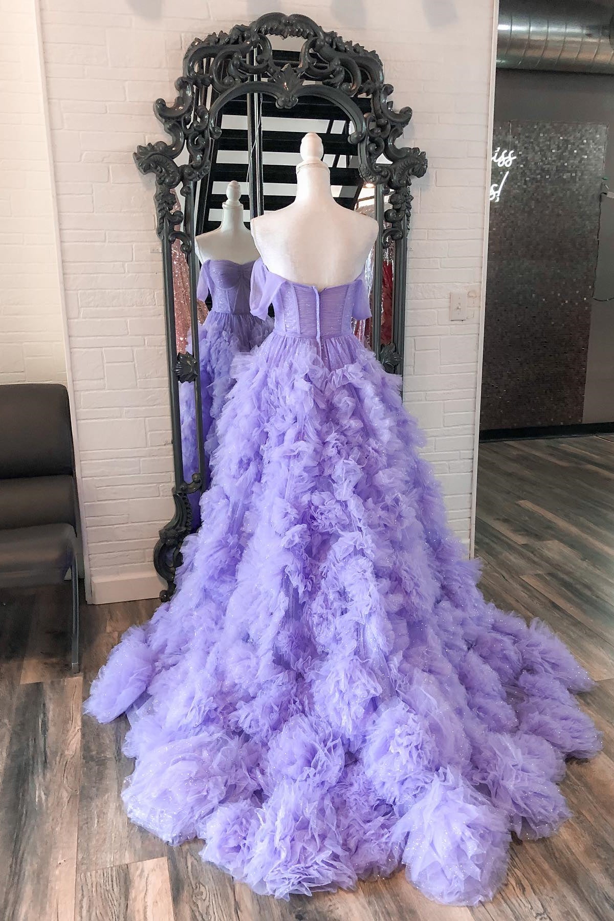 Blue Ruffles Off-the-Shoulder A-Line Prom Gown with Slit