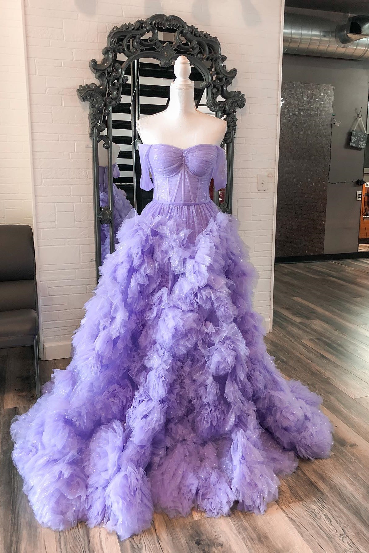 Blue Ruffles Off-the-Shoulder A-Line Prom Gown with Slit