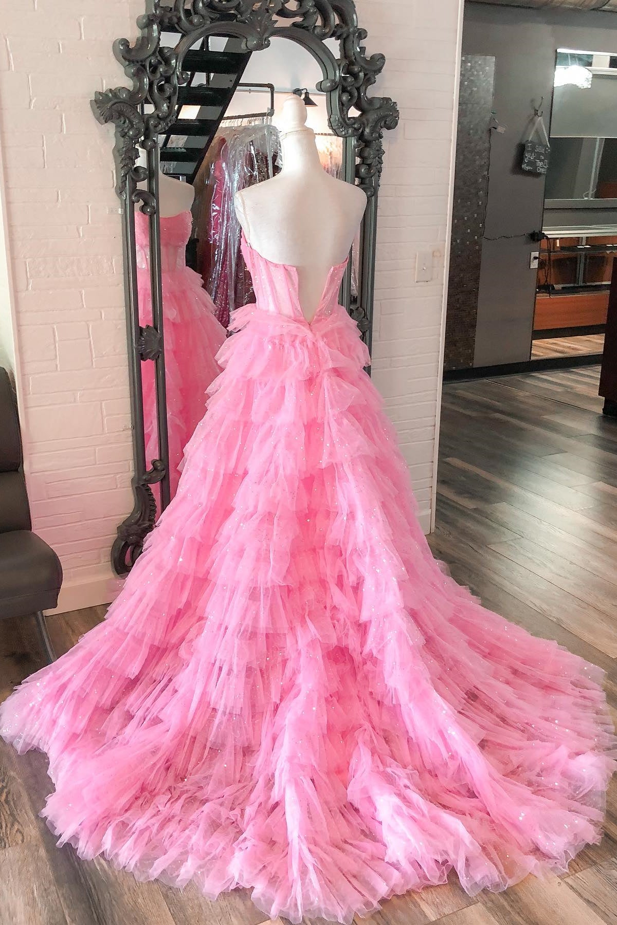 Gold Strapless Sequined A-line Multi-Layers Long Prom Dress
