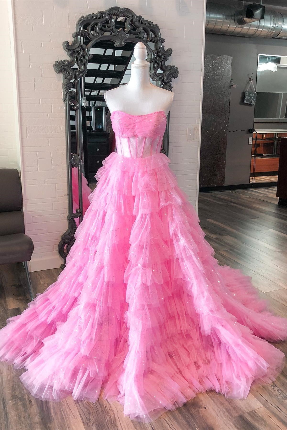 Gold Strapless Sequined A-line Multi-Layers Long Prom Dress