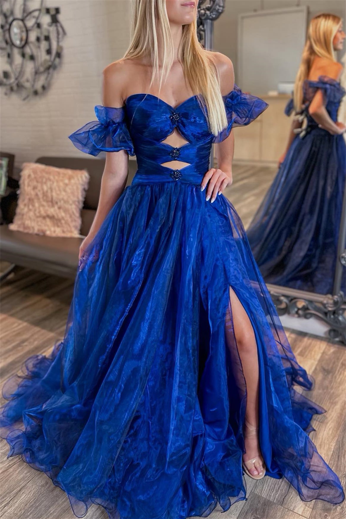 Royal Blue Tulle Off-Shoulder Rhinestones Long Prom Dress with Slit Dreamdressy Royal Blue Tulle Off-Shoulder Rhinestones Long Prom Dress with Slit Dreamdressy