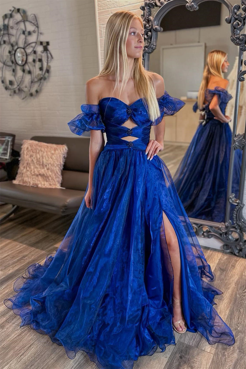 royal blue off the shoulder dress Royal Blue Tulle Off-Shoulder Rhinestones Long Prom Dress with Slit –  Dreamdressy