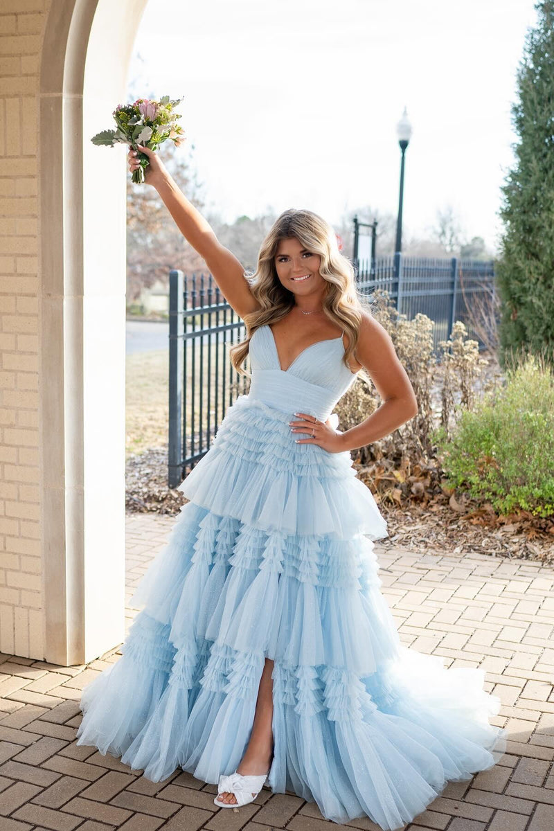 knee length dresses for ladies Pink V-Neck Empire Waist Tiered Long Prom Dress with Ruffles – Dreamdressy