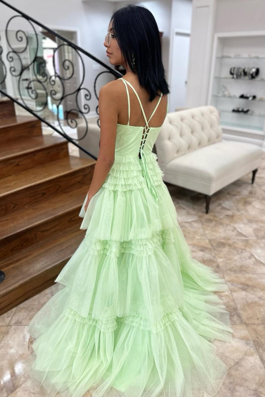 Lemon Green Layers Spaghetti Straps A-line Long Prom Dress  Dreamdressy