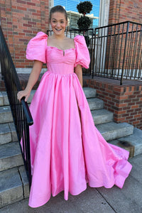 Green Ruffled Puff Sleeves Satin Long Prom Dress