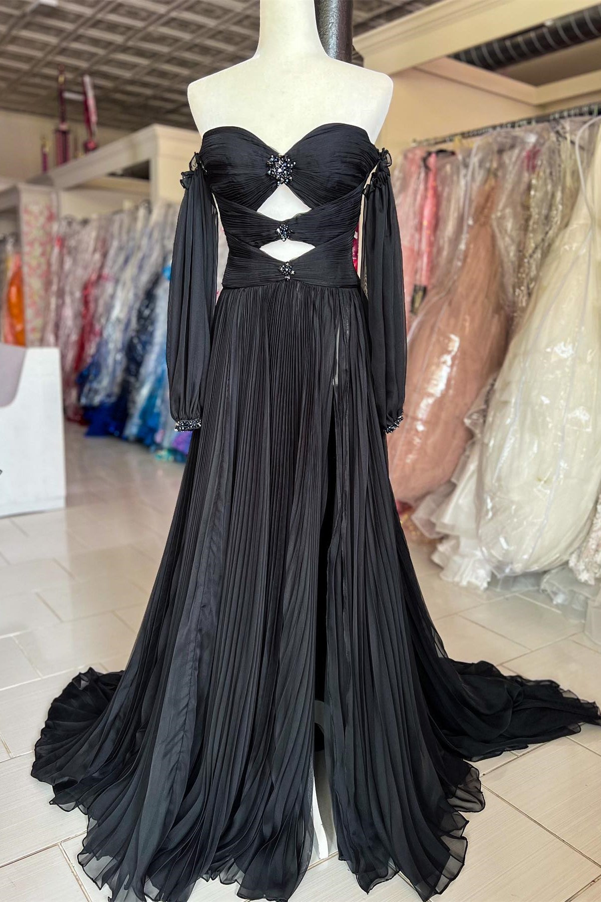 Hunter Green Rhinestones Strapless A-Line Prom Dress with Sleeves