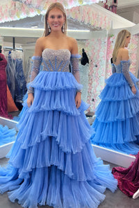 White Beaded Top Strapless Ruffle-Layers Long Prom Dress with Detachable Sleeves