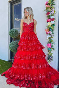 Navy Blue Floral Multi-Layers Sequined Straps Long Prom Dress