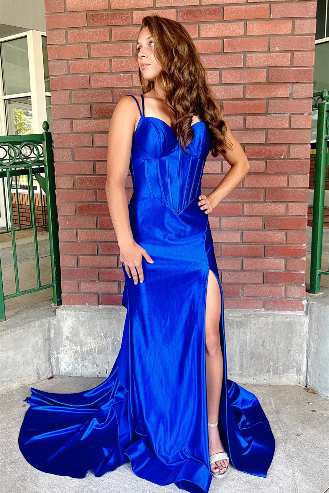 royal blue satin mermaid prom dress Royal Blue Satin Mermaid Straps Long Prom Dress with Slit
