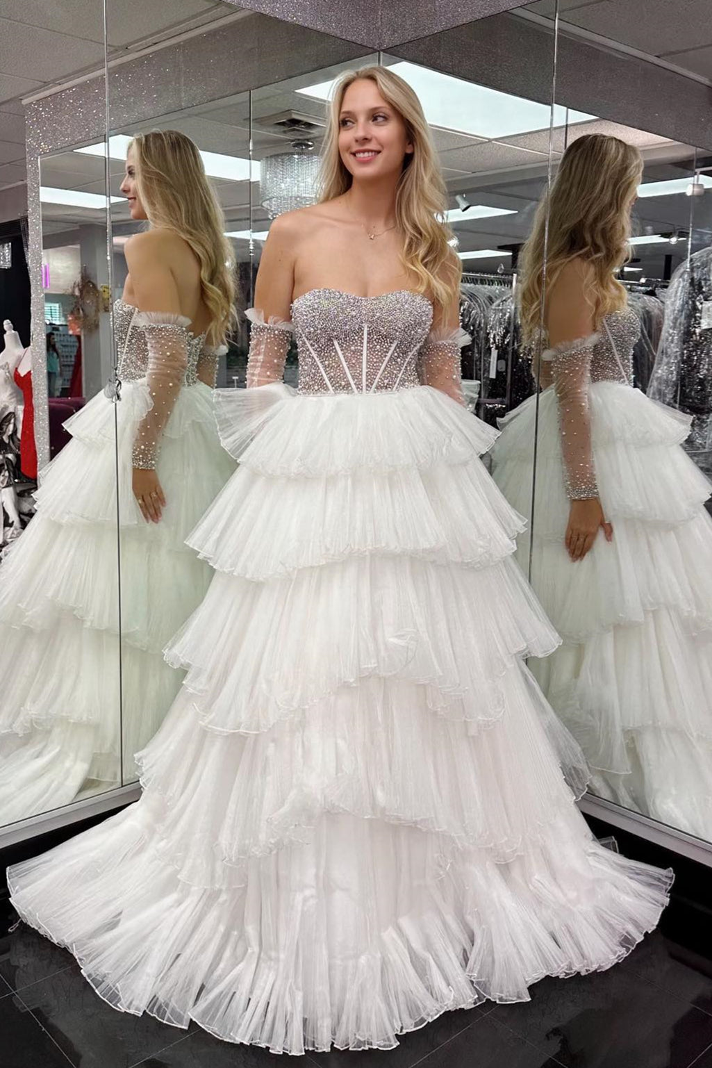 White Beaded Top Strapless Ruffle-Layers Long Prom Dress with Detachable Sleeves White Beaded Top Strapless Ruffle-Layers Long Prom Dress with Detachable Sleeves