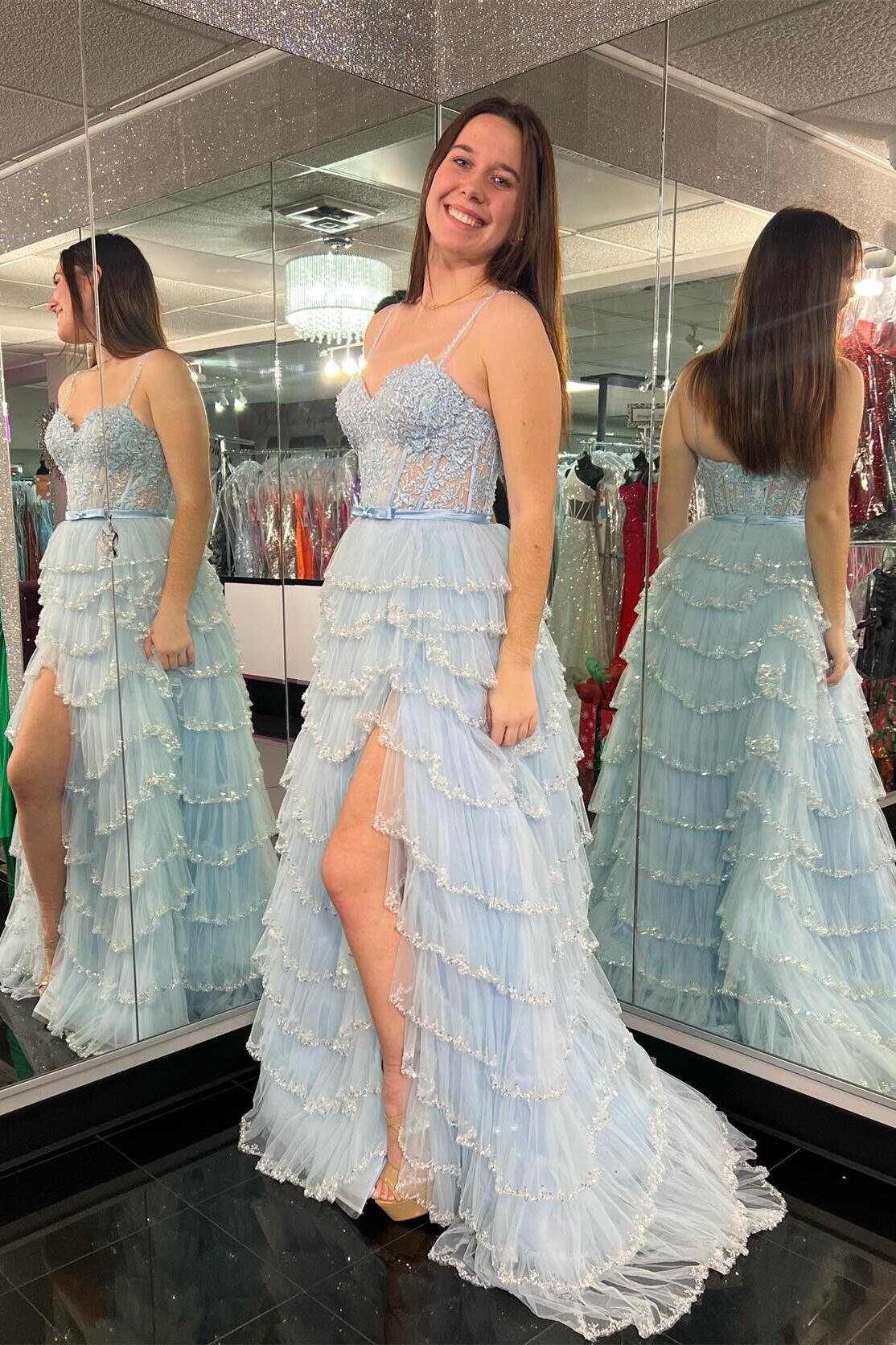 White Straps Floral Sequined Multi-Layers Long Prom Dress with Slit