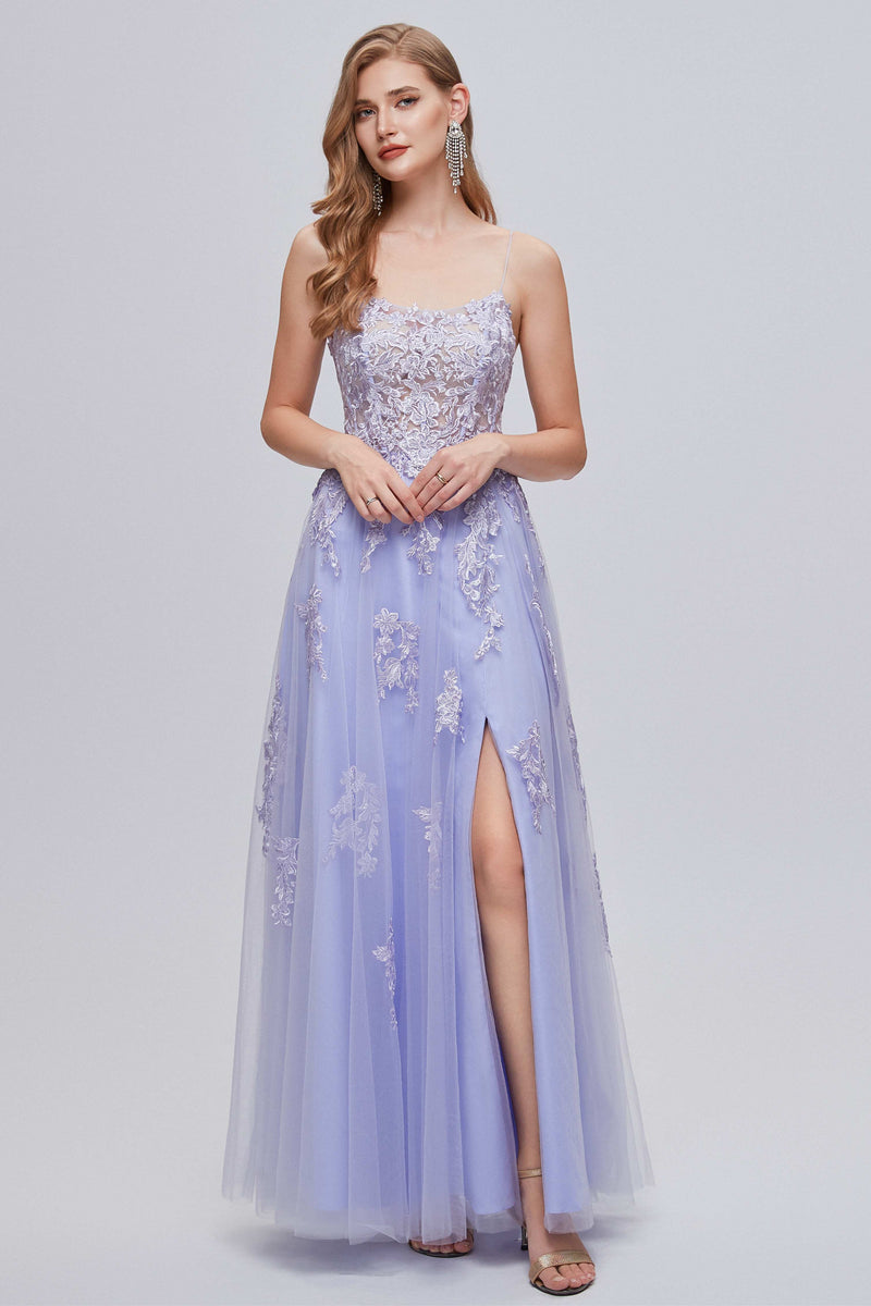 Lilac Appliques Lace-Up A-Line Long Prom Dress with Slit – Dreamdressy Lilac Appliques Lace-Up A-Line Long Prom Dress with Slit – Dreamdressy