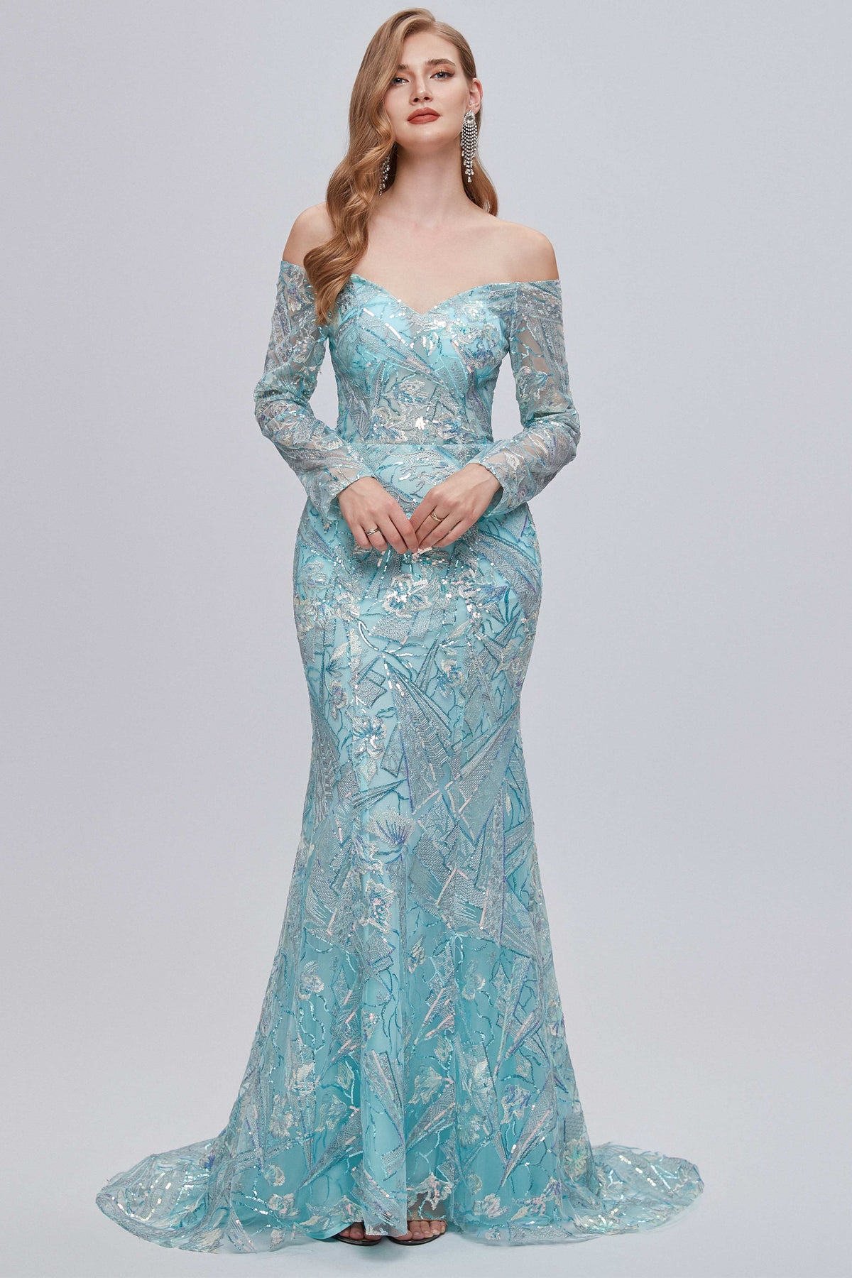 Aqua Blue Off-the-Shoulder Long Sleeve Mermaid Evening Dress