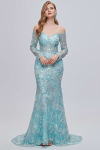 Aqua Blue Off-the-Shoulder Long Sleeve Mermaid Evening Dress