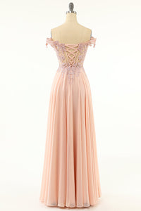 Off the Shoulder Mint Green Chiffon Long Prom Dress