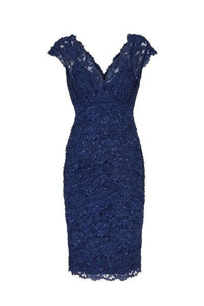 navy blue short dresses for wedding A Line Straps Short Navy Blue Lace Prom Dresses, Short Dark Blue Forma   jbydress