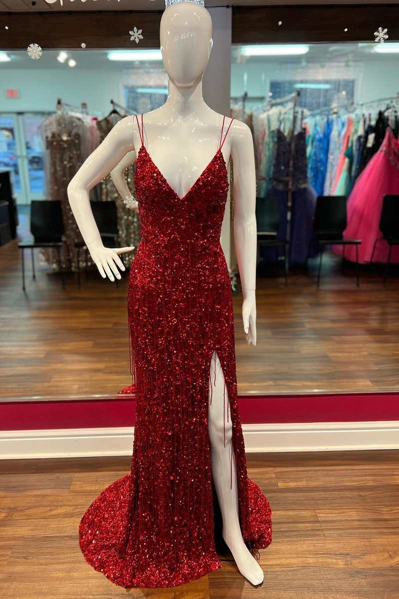fitted lace wedding dress Red Sequins Shimmery Strapless Plunging Mermaid Prom Dress main image 0
