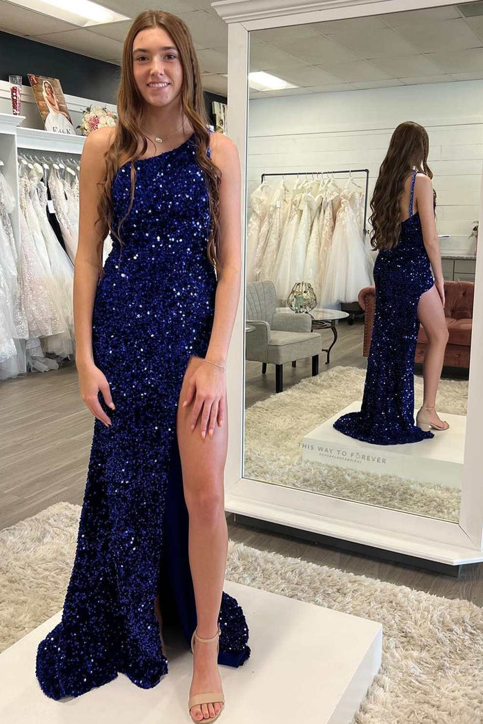 Dark Blue Sequin One-Shoulder Mermaid Long Prom Dress with Slit
