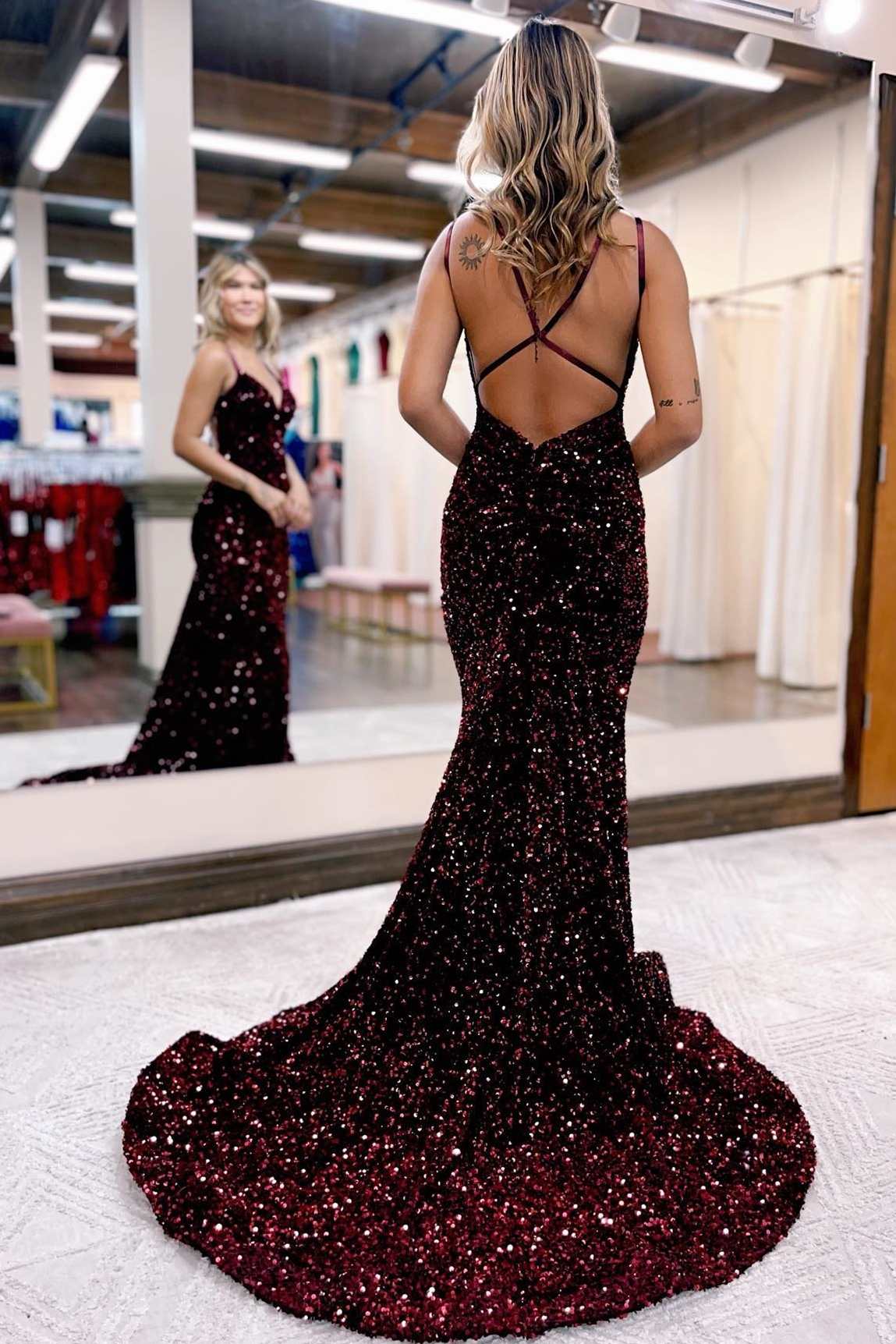 Blue Iridescent V-Neck Cross-Back Mermaid Long Prom Dress – Dreamdressy