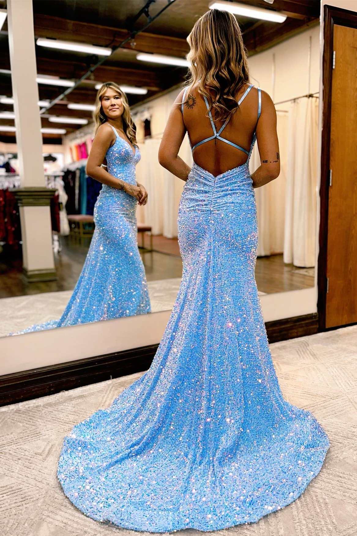Blue Iridescent V-Neck Cross-Back Mermaid Long Prom Dress – Dreamdressy