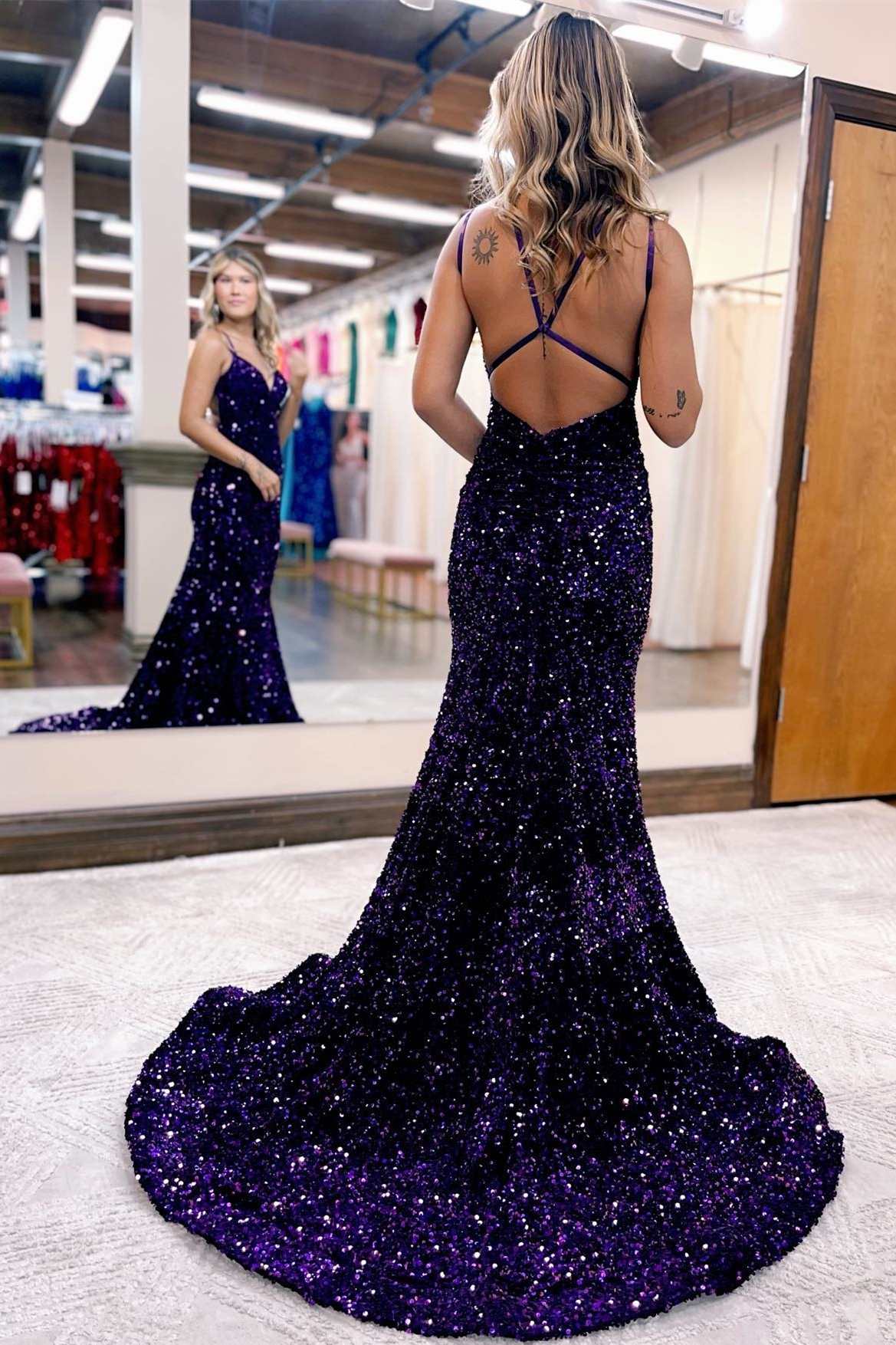 Blue Iridescent V-Neck Cross-Back Mermaid Long Prom Dress Dreamdressy Blue Iridescent V-Neck Cross-Back Mermaid Long Prom Dress Dreamdressy