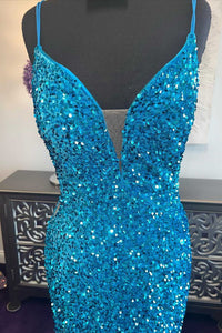 Blue Sequin Plunge V Mermaid Long Prom Dress with Slit