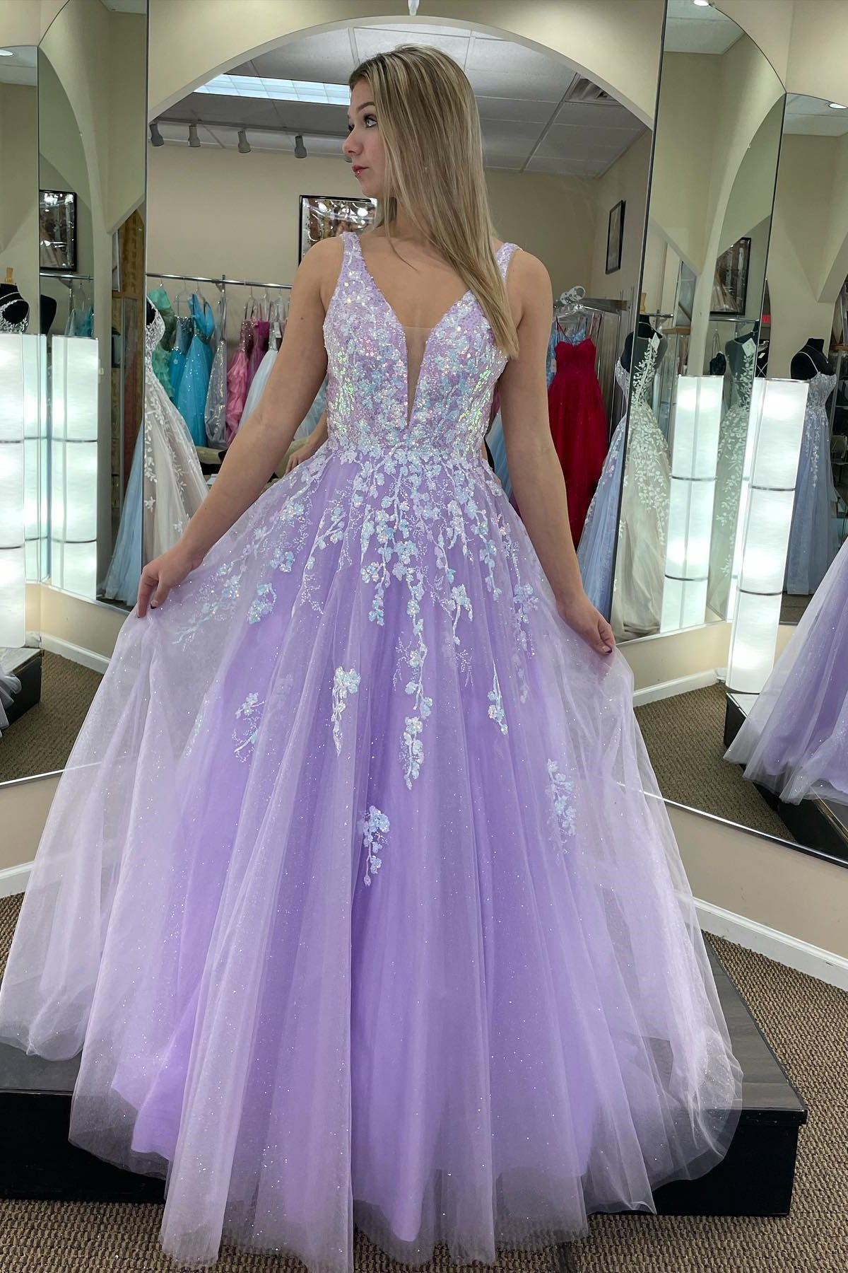 lavender tulle prom dress Lavender Tulle A-line Beaded Prom Dress With Slit MP803