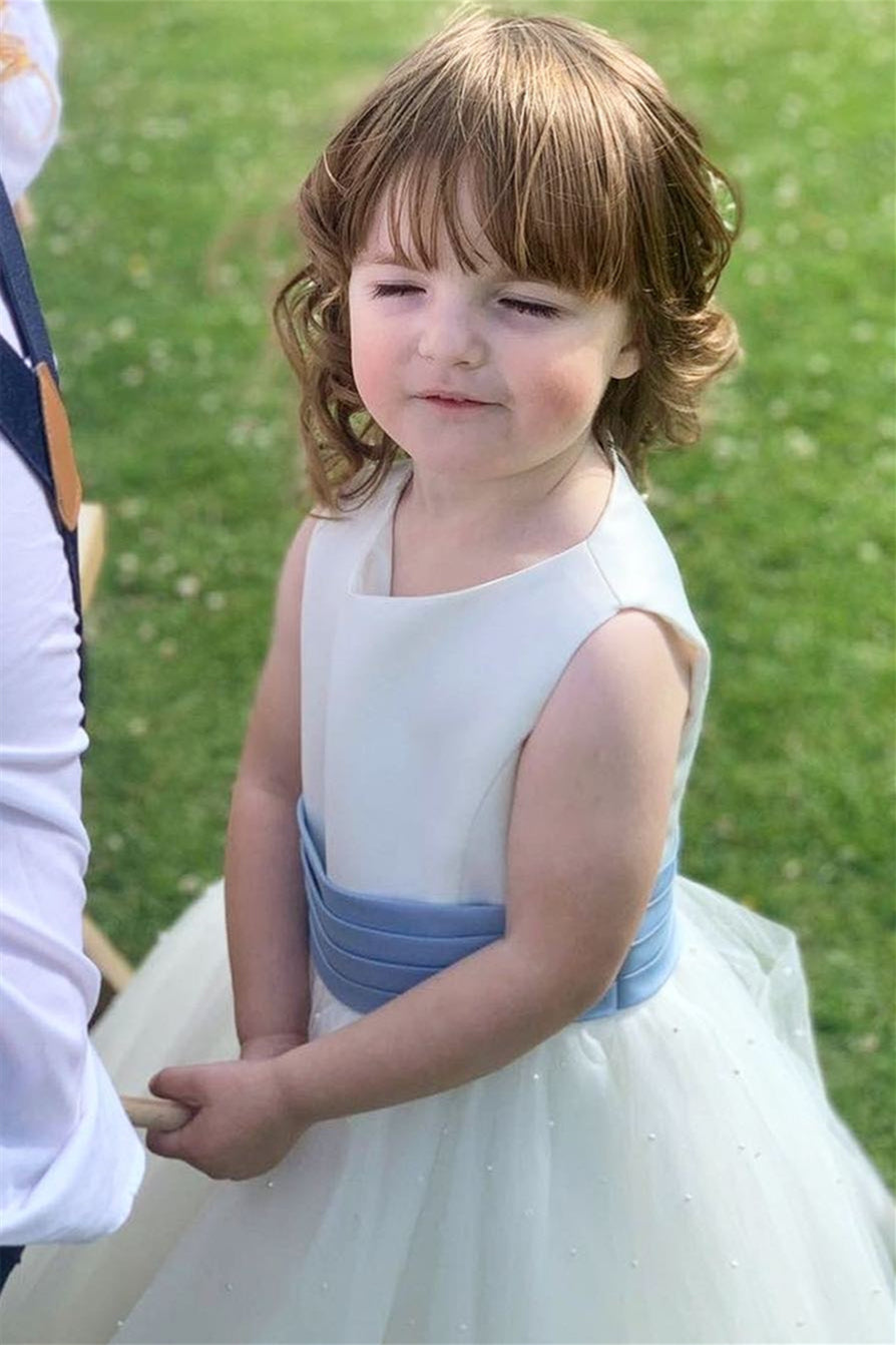 White Jewel Sleeveless Beaded Long Flower Girl Dress with Pleated Sash