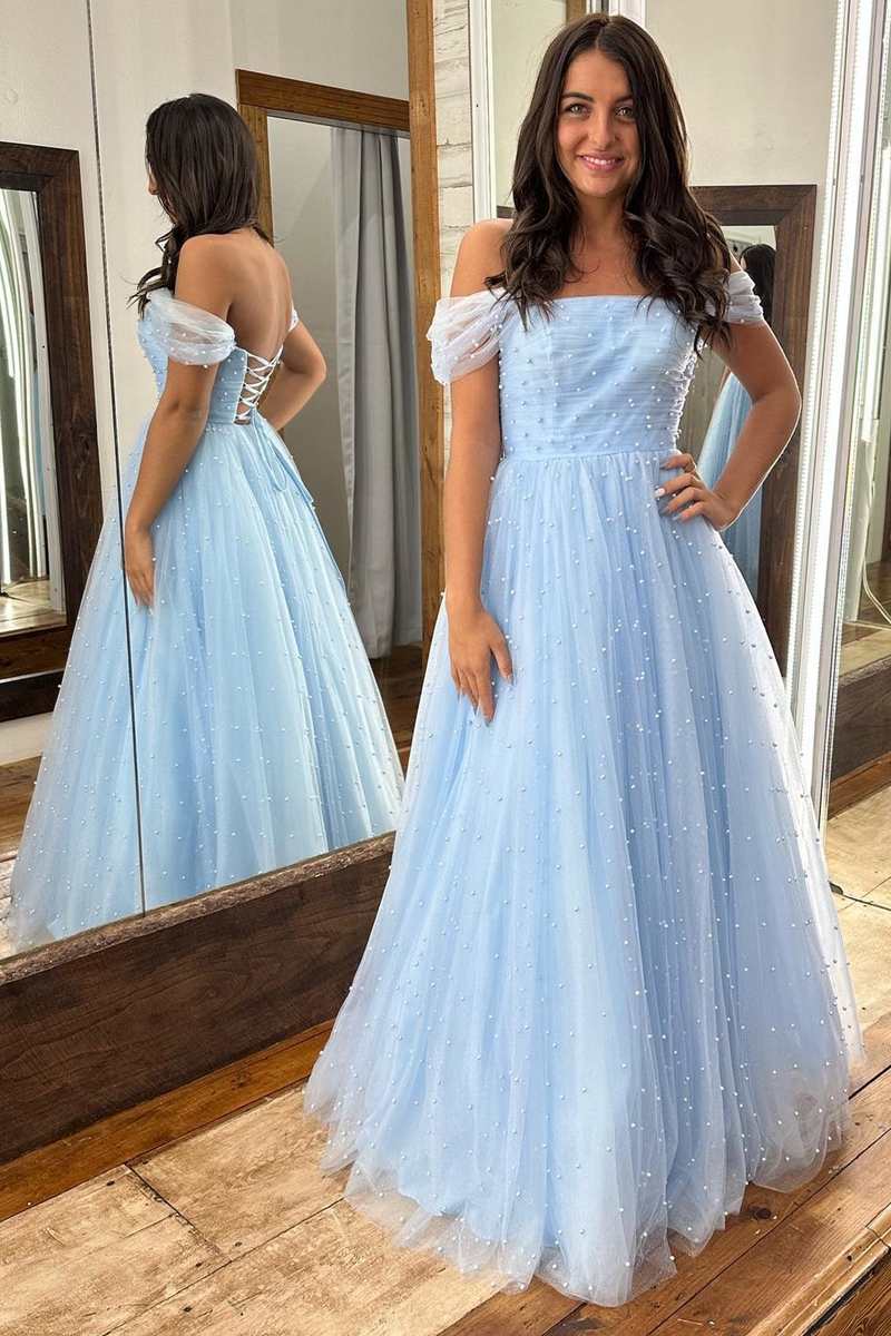 Light Blue Tulle Pearls Off-the-Shoulder Lace-Up A-Line Prom Gown Light Blue Tulle Pearls Off-the-Shoulder Lace-Up A-Line Prom Gown