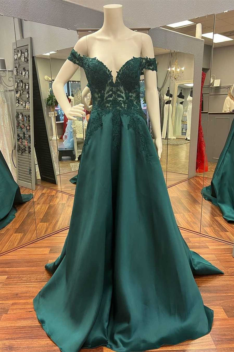 Hunter Green Lace Off-the-Shoulder A-Line Long Prom Dress Dreamdressy Hunter Green Lace Off-the-Shoulder A-Line Long Prom Dress Dreamdressy