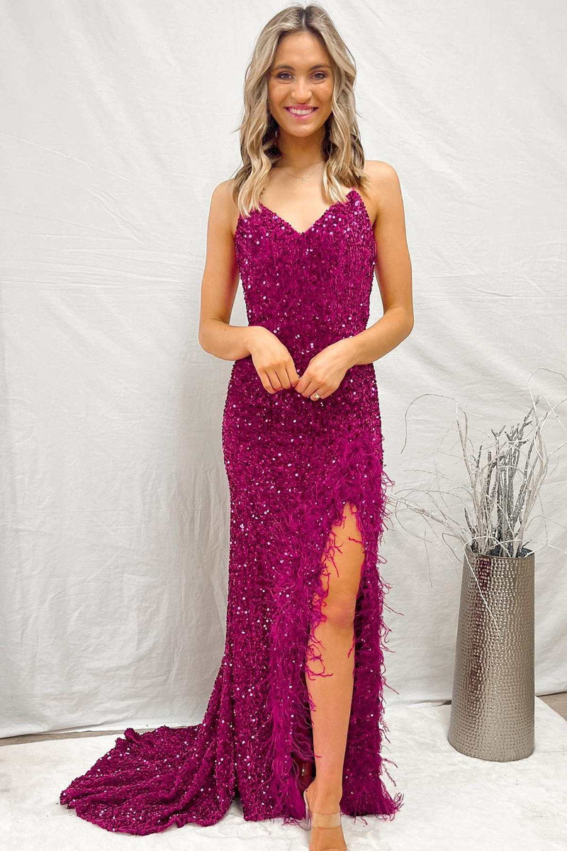 Magenta Sequin Feather Lace-Up Back Mermaid Long Formal Dress – Dreamdressy
