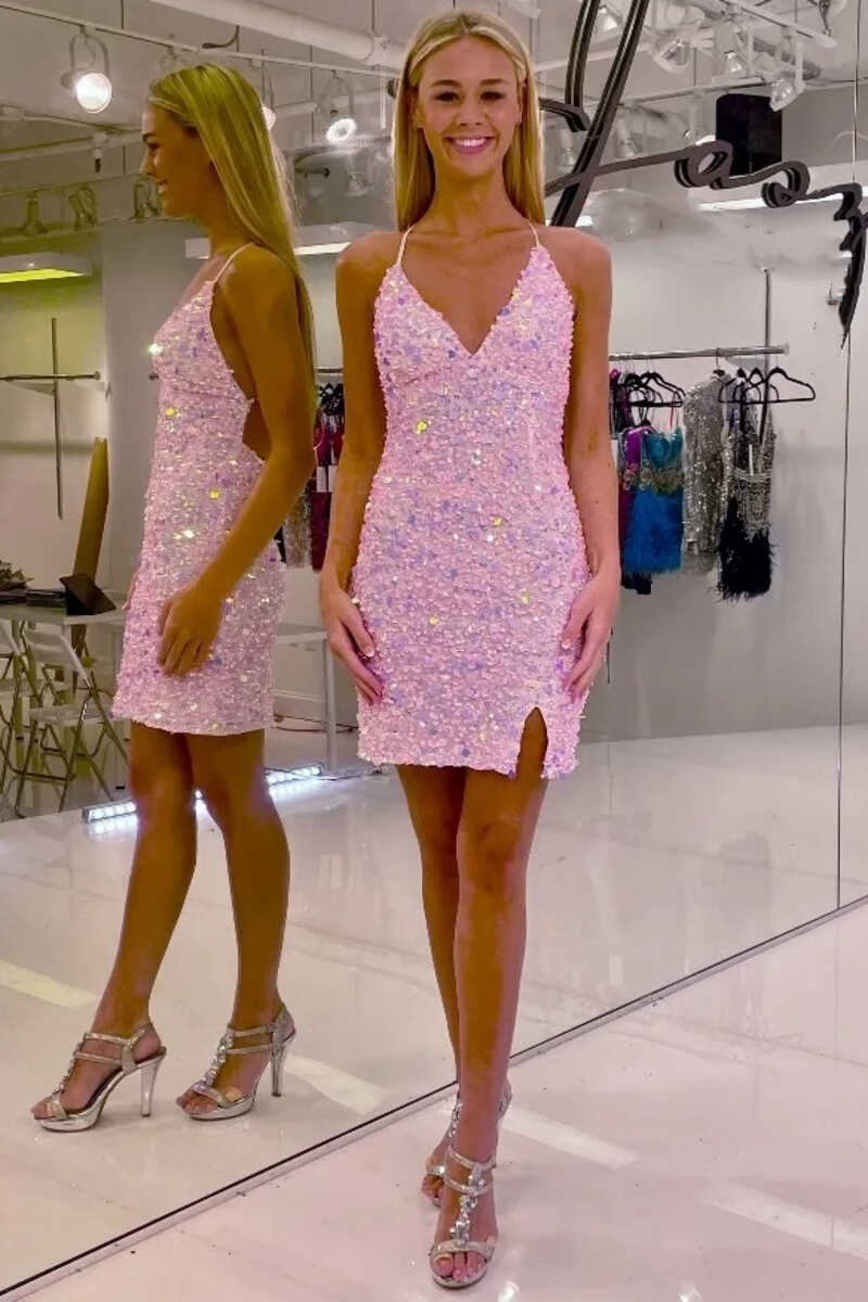Pink Sequin V-Neck Lace-Up Mini Cocktail Dress