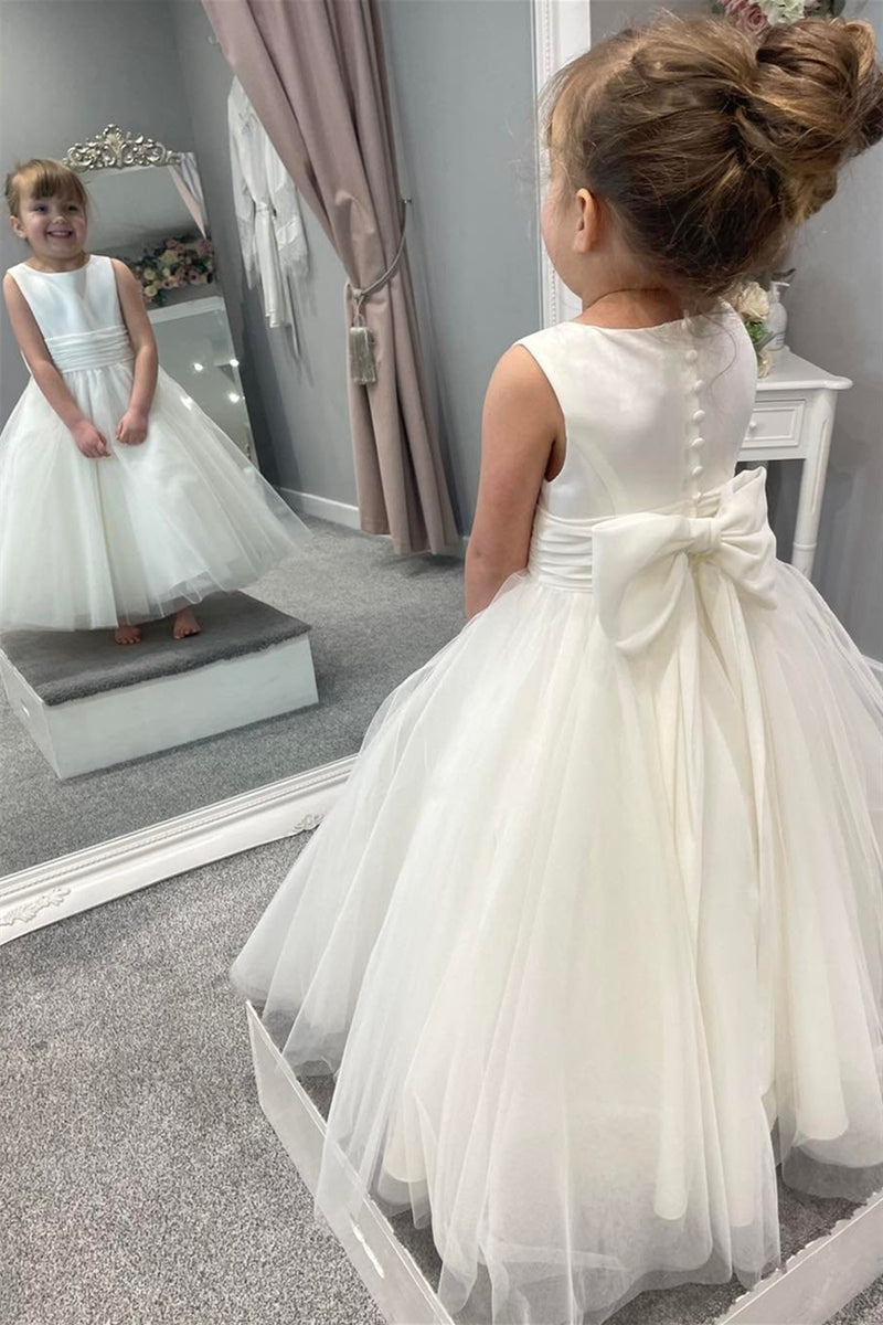 White Jewel Sleeveless Buttons Long Flower Girl Dress with Bow Tie Bac –  Dreamdressy